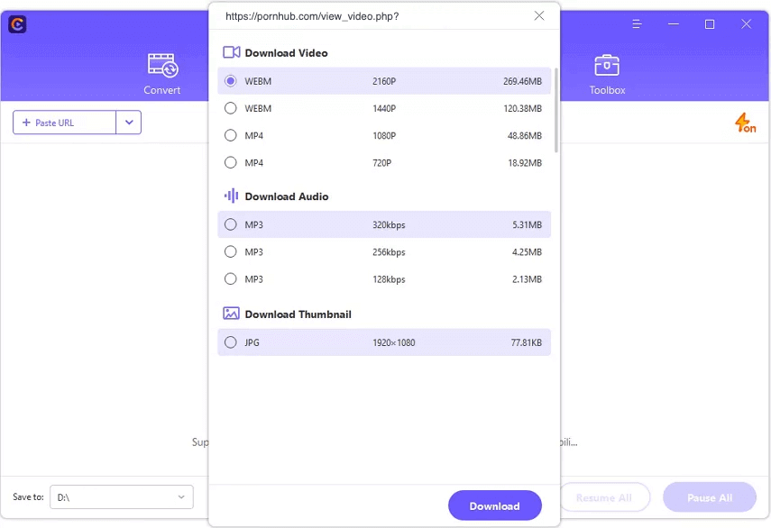 Choose desired format